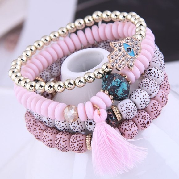 New Pink Bohemian 4 Piece Beaded Bracelet Set - Picture 1 of 2